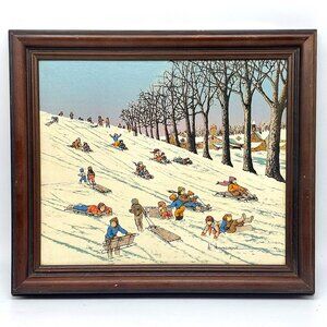 Vintage H. Hargrove Winter Scene Print – Sledding Children – Rustic Wood Frame 1